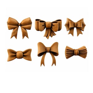 May include: A collection of six distinct light brown wooden bow ornaments. Each bow features a unique shape, including variations with smooth loops, pleated edges, and dangling ribbon ends, all showcasing a natural wood grain texture.