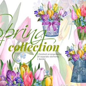 Flowers PNG, Easter, Spring, Tulips, Crocuses, Watercolor clipart, Floral arrangement, Printable Sublimation Design, 300 DPI