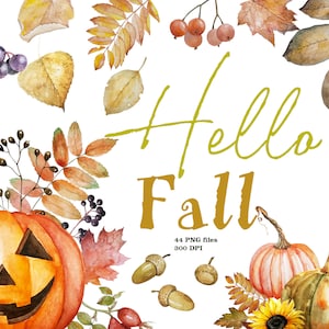 Autumn PNG, Fall clipart, Pumpkin, Leaves clipart, Flower png, Watercolor set, Floral arrangement, Digital Download, 300 DPI