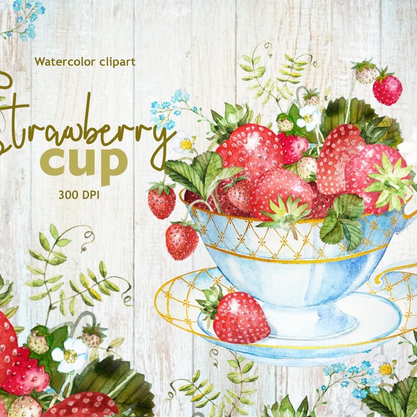 Flowers PNG, Strawberries art, Berry cup, Chamomile, Watercolor clipart, Floral arrangement, Sublimation Design, Digital Download, 300 DPI