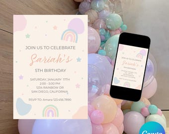 May include: A pastel-coloured birthday invitation with a rainbow design. The invitation reads "Join us to celebrate Sariah's 5th Birthday" with event details. A smartphone displays the same invitation. Pastel-coloured balloons are in the background.