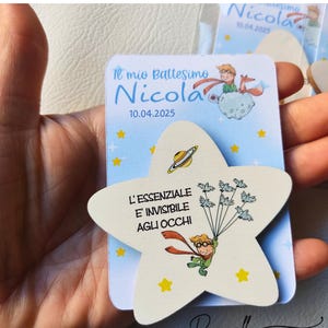 Segnaposto Piccolo Principe, cartoncini personalizzati per battesimo con stellina magnete in legno con frasi motivazionali