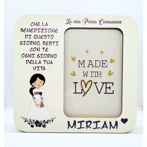 Cornice portafoto in legno colorata, Regalo personalizzato per comunione bambina e bambino, quadrata, bianca, rosa chiaro, celeste,