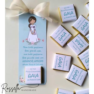 Segnalibro e segnaposto prima comunione bimba con cioccolatino personalizzato e frase motivazionale