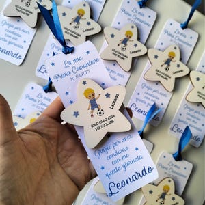Bomboniere comunione e cresima tema calcio, segnalibri personalizzati e calamite in legno con frasi motivazionali, segnaposto,