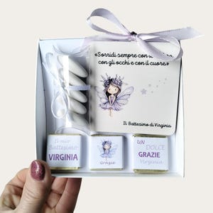 Bomboniere battesimo e prima comunione bimba, quadretti in legno personalizzati con frasi motivazionali e illustrazioni di fatine lilla,