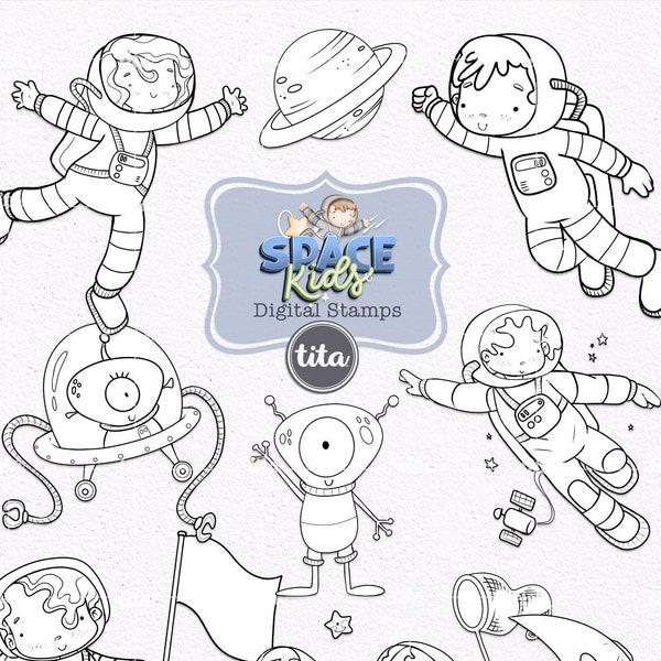 Space Astronauts Stamps, Cliparts, Stamps for Coloring, Astronauts Cliparts, Digistamps, Digital Stamps