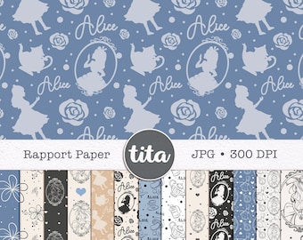 Alice in Wonderland Outline Rapport Papers, Alice Pattern Papers, Printable Rapports, Alice Clip Arts