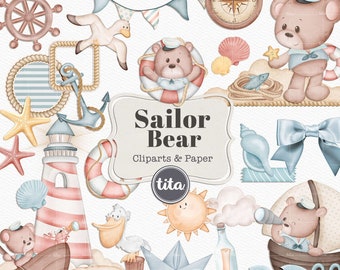 Watercolor Sailor Boys Clip Arts, sailor bears, nautical watercolor set, nursery decor, baby shower decor, boys themed party