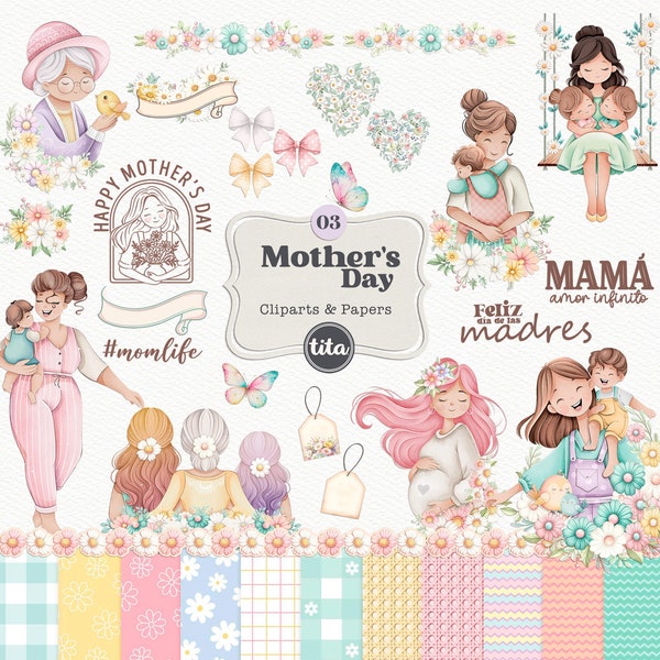 Cute Mom clip art set Clip arts, mothers day illustrations, women clipart, mom with kids cliparts, women digital set