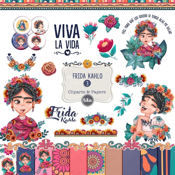 Frida Watercolor Cliparts, mexican flowers, floral clipart, feminine clipart, png elements