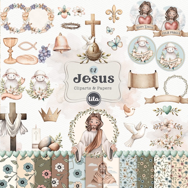 Watercolor Christian easter, Jesus catechism cliparts, png elements, pattern papers, egg hunt, christian elements in png