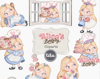Alice's Wonderland Bakery Cliparts, alice's bakery illustrations, Alice tea party, clip arts and crafts, party decor themes alice