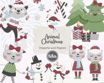 Animal Christmas Clipart, X-mas Illustrations and papers, Printable Images, Minimalist Animals