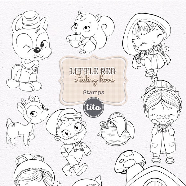 Little Red Riding Hood Stamps Cliparts, Stamps for Coloring, Little Red Illustrations