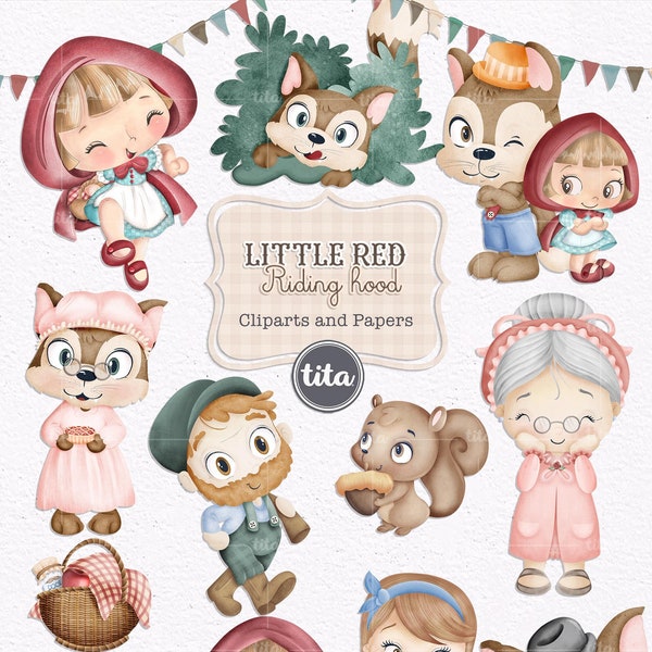 Little Red Riding Hood Watercolor Cliparts, Illustrations and papers, Cute Characters, Fairy Tale  and Printables