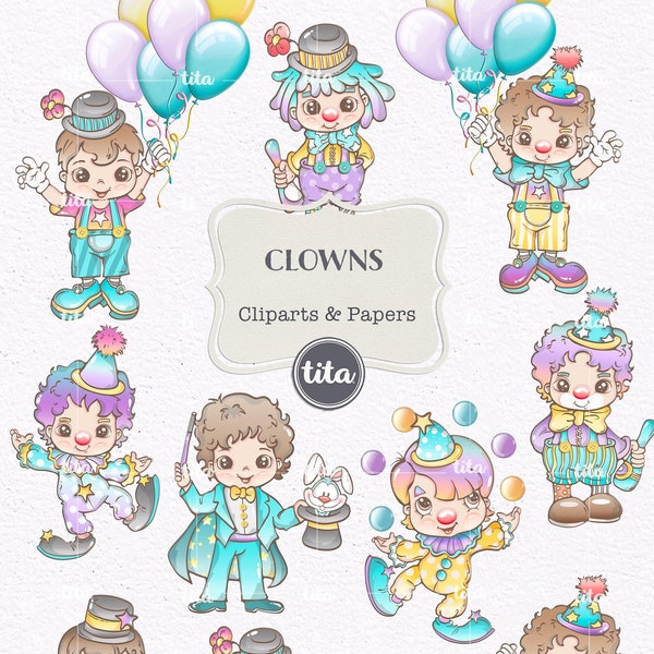 Clowns Boys Clip Arts, Illustrations de Clowns mignons, Candy Color Graphics PNG