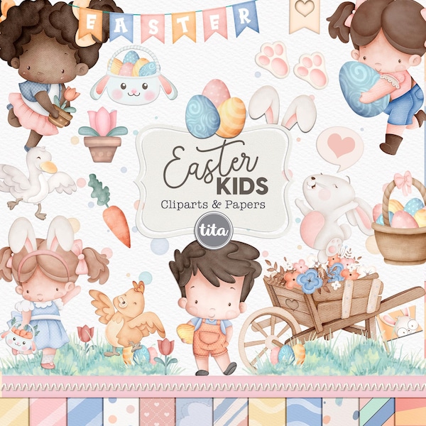 Easter Kids Watercolor Cliparts, Easter Png, Spring Clip arts, Illustrations and papers