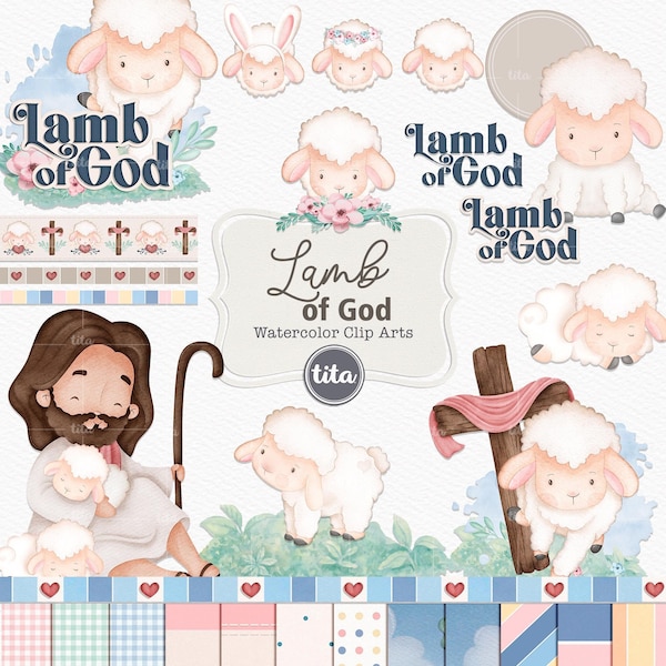 Lamb of God Watercolor Clip arts, Easter Png, Illustrations and papers, Jesus Clip Arts