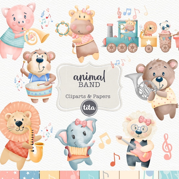 Watercolor Animal Band Clip Arts, Illustrations and Papers, Watercolor Graphics PNG