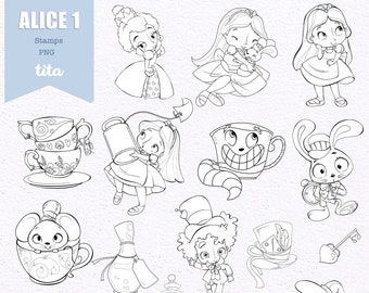 Alice In Wonderland Stamps Cliparts, Stamps for Coloring, Alice Tea Party Illustrations