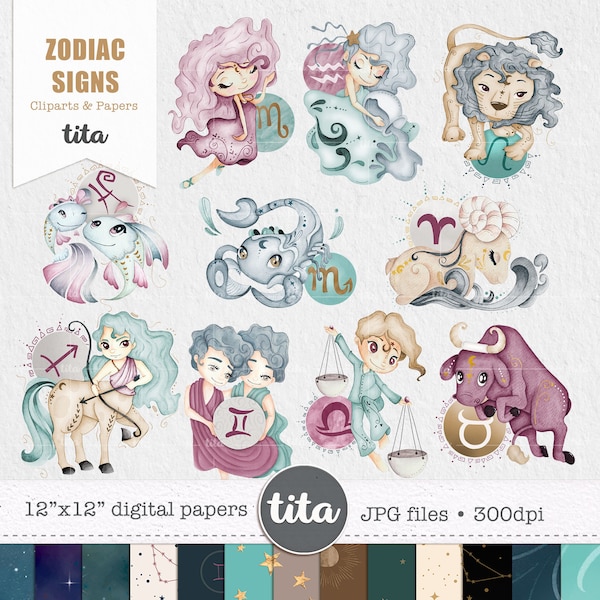 Zodiac Signs Watercolor Clipart, Illustrations of Zodiac Signs & Papers, High Quality Images