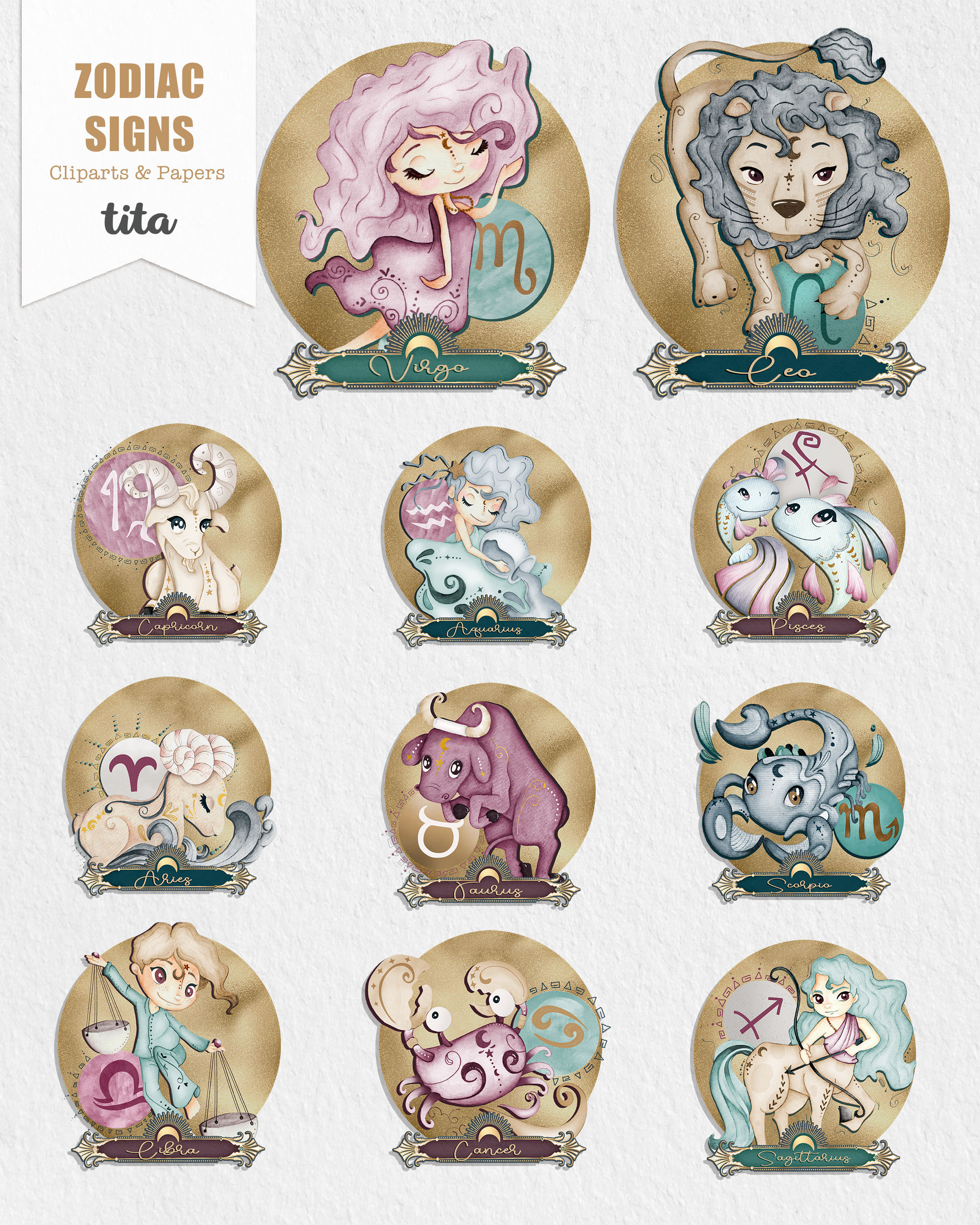 Zodiac Signs Watercolor Clipart Illustrations of Zodiac Signs Etsy