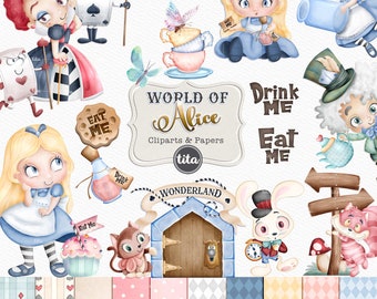 Alice In Wonderland Watercolor Cliparts, Illustrations and papers, Alice Tea Party