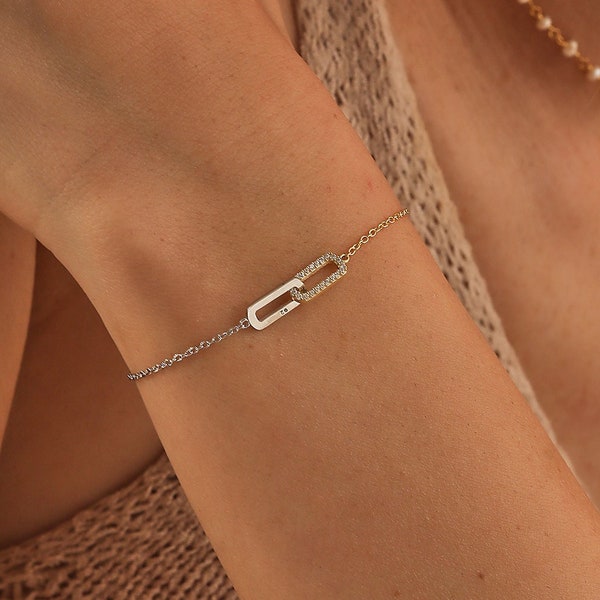 14K Gold and Silver Pave Linked Bracelet, Paperclip Chain Bracelet, Interlocking Diamond Bracelet, Best Friend Gift, Bridesmaid Gift, OZ07