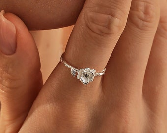 Sterling Silver Birthstone Ring with Birth Flower: Personalized Jewelry