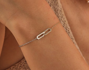 14K Gold and Silver Pave Linked Bracelet, Paperclip Chain Bracelet, Interlocking Diamond Bracelet, Best Friend Gift, Bridesmaid Gift, OZ07