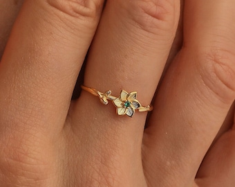 14K Gold Birth Flower Ring: Dainty Solitaire Ring, Birthday Gift