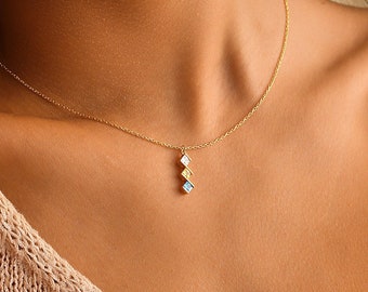 14K Gold Birthstone Necklace, Vertical Birthstone Pendant, Personalized Jewelry, Necklace for Mom, Birthday Gift, Gift for Mom, QA133