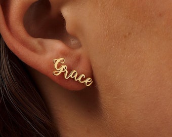 14K Gold Name Earrings, Stud Earrings with Name, Personalized Earrings, Name Jewelry, Maid of Honor Gift, Christmas Gift for Her, QA56