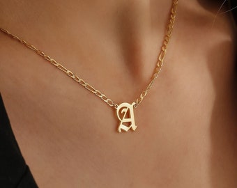 Dainty Figaro Chain Initial Necklace, Gothic Letter Necklace, Gold Initial Necklace, Personalized Jewelry, Bridesmaid Gifts, QA41