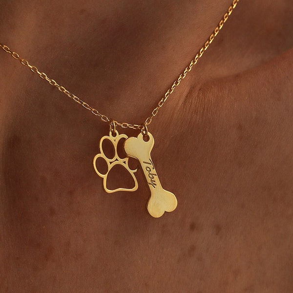 14K Gold Paw Print Necklace with Name, Dog Memorial Necklace, Pet Necklace, Tiny Dog Paw, Personalized Jewelry, Christmas Gift, QA78