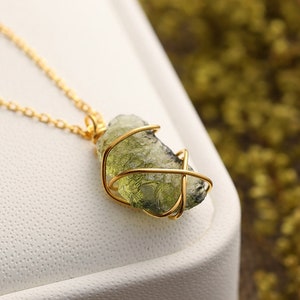 14K Gold Authentic Moldavite Pendant Necklace - Raw Czech Crystal