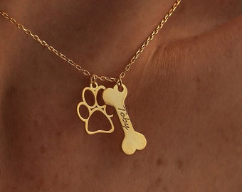 14K Gold Paw Print Necklace with Name, Dog Memorial Necklace, Pet Necklace, Tiny Dog Paw, Personalized Jewelry, Christmas Gift, QA78