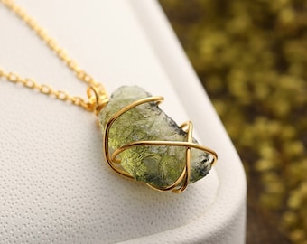 14K Gold Authentic Moldavite Necklace, Moldavite Pendant, Genuine Moldavite, Raw Crystal, QMA01