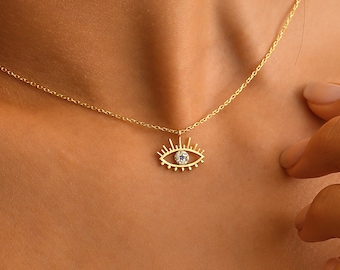 14K Solid Gold Evil Eye Pendant Necklace: Handmade Protective Jewelry