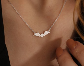 Sterling Silver Minimalist Bat Necklace, Halloween Jewelry, Tiny Bat Pendant, Dainty Necklace, Gift for Her, Gift for Friend, QA45