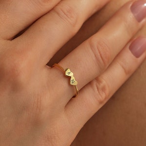 Dainty Gold Heart Ring, Initial Ring, 21st Birthday Gift, Custom Double Letter Ring, Gift for Her, QA80