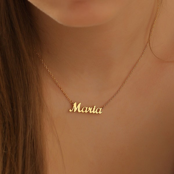 14K Gold Name Necklace, Necklace for Women, Minimalist Cute Name Pendant, Personalized Jewelry, Mom Birthday Gift, Bridesmaid Gift, QA03