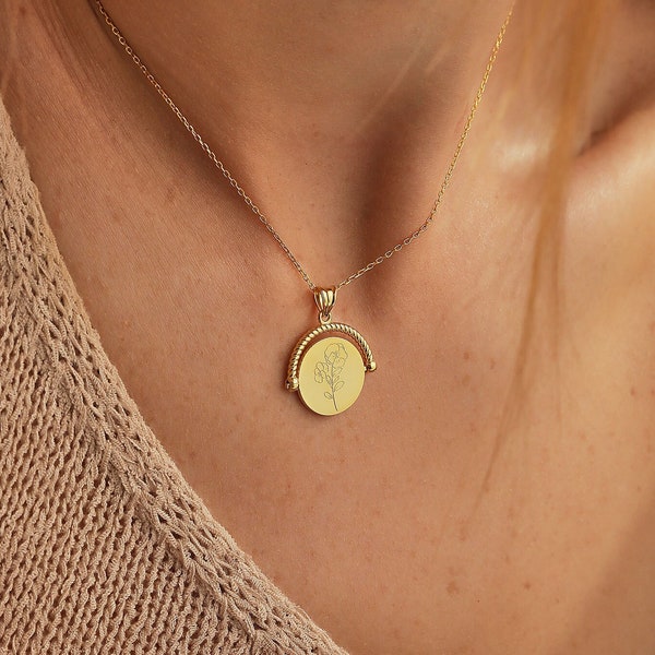 14K Gold Fidget Necklace, Birth Flower Necklace, Custom Anxiety Necklace, Bridesmaid Gift, Birthday Gift, QA65