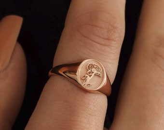 Custom Birth Flower Signet Ring, Birth Month Flower Sterling Silver Ring, Ring for Women, Dainty Ring, Bridesmaid Gift, QA47