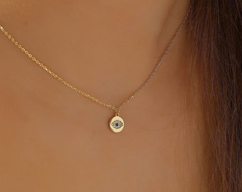 Dainty 14K Gold Evil Eye Necklace: Sterling Silver Pendant