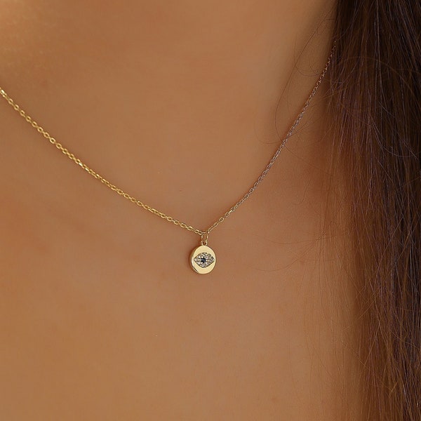 14K Gold Evil Eye Necklace, Evil Eye Silver, Evil Eye Jewelry, Dainty Cute Necklace, Evil Eye Pendant, Birthday Gift, Gift For Her, HX05