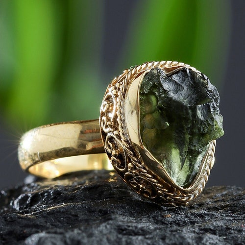 14K Gold Moldavite Ring Genuine Moldavite Crystal Jewelry Etsy