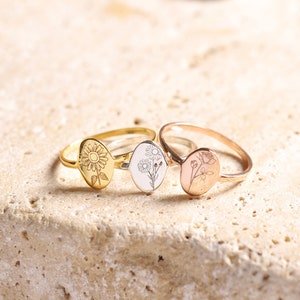 14K Gold Birth Flower Ring, Birth Flower Jewelry, Personalized Bridesmaid Gift, Dainty Floral Signet Ring, Gift For Her, Birthday Gift, QA26