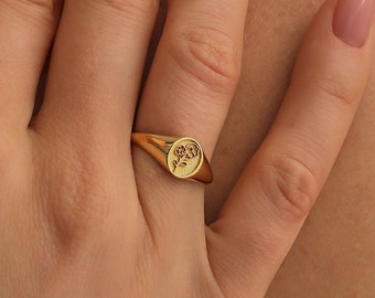 Gold Filled Signet Ring, Engraved Birth Flower Ring